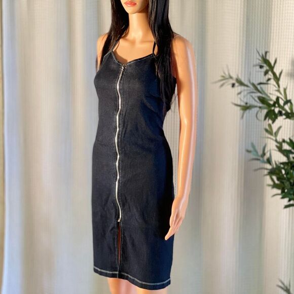 Vintage Y2K 2000s Girly Girl Denim Halter Dress Zip Front Bodycon Midi Size L - Picture 6 of 8